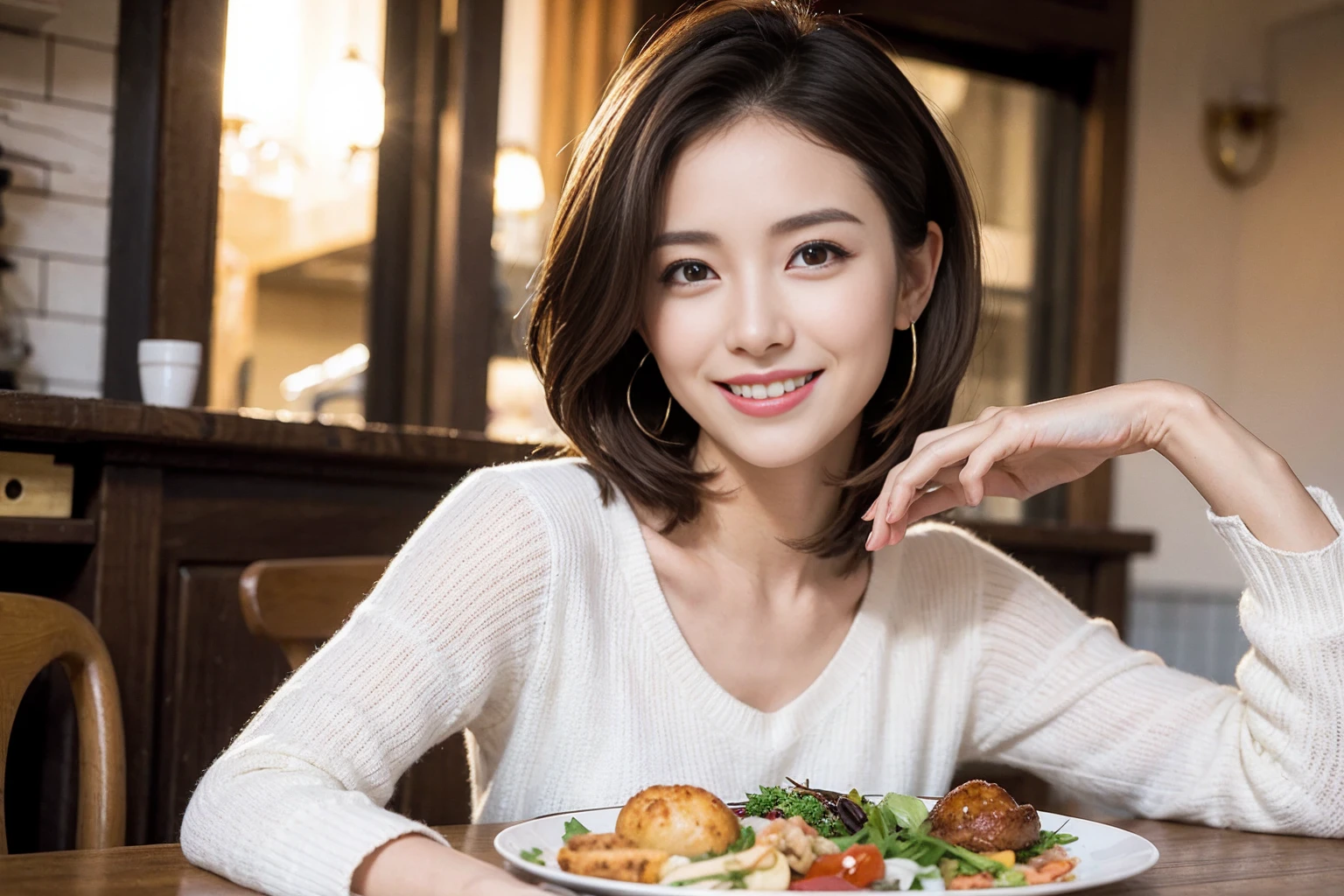 (Realistic:1.1),(masterpiece,Highest quality),8k,(49 years old), 53 years old, ベリーslimボディ、slimカップル、Tight waist,Upper Body,full-course dinner、wine 、Amazing view of the sunset sky and clouds、Perfect Anatomy, Brown Hair, short hair,Random Hairstyles,((Highly detailed face and eyes:1.2)),Perfect golden ratio face,Long sleeve shirt、dress,(smile:1.2)、Shortcuts、cute、(Realistic, Intricate details:1.2), A bright smile、short hair,Bright Face、赤wine 、Appetizers、Italian food、wine bottle、Champagne、スパークリングwine、(slimな顔), (The body is slim), (Brown Hair), (Shortcuts), Upper Body, 白wine, slim, wineグラス,