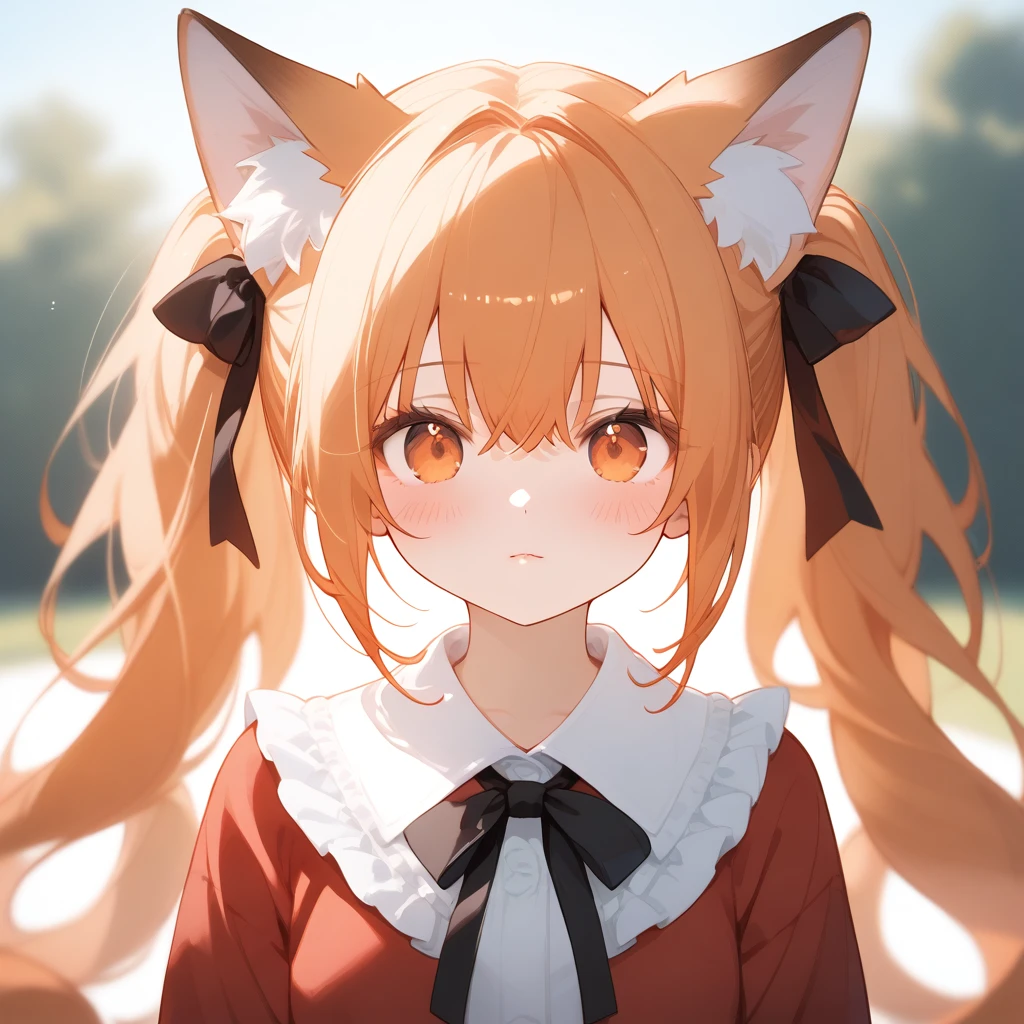 score_9, score_8_superior, One person, Animal ears, alone, (((Dashiki))),Twin tails, Animal earsの毛, View your viewers, Outdoor, superiorper body, Fox Ears, Orange Hair, Blurred background, Blurred, Lips parted, blush, Orange eyes, ribbon, shirt, neck ribbon, Depth of written boundary, Fox Girl, clavicle, Day, red shirt, Frills、superior気している、Shy face、superior目遣い