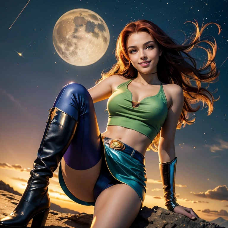 (masterpiece, best quality:1.5), highest quality, High resolution, super detailed, Realists, Full body photo of 18-year-old Starfire from Titans, detailed and beautiful green eyes, beautiful detailed lips, very detailed eyes and face, longeyelashes, additional eyebrows in the forehead area, Beautiful and colorful makeup, Fighting Pose, dark red hair, slightly orange skin, bright daylight, bright colors, fine brushstrokes, Portrait style, beautiful color palette, glowing skin, First-class rendering, that captures every detail, enchanting atmosphere, (perfect anatomy:1.2), (The stunning Starfire wears a dark blue top, silver skirt and dark blue overknee boots.Animated series Teenans 2003, Starfire flies through the air, Energy shines in her hands. She smiles with joy Panoramic view:1.2)