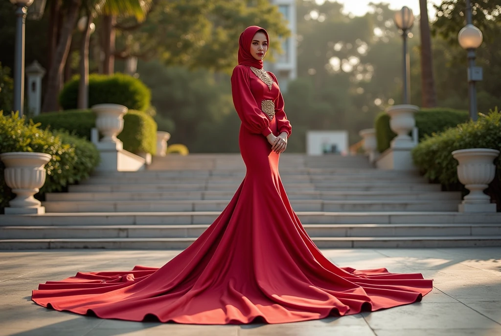 An malay woman in glamorous mermaid evening gown, long ballon sleeve gown, wear jewellery, wear modern satin hijab, entirety of fabric over botom dress about 7 meters in length trailing dramatically, glamours style, overlong dress train, extreme detail on the texture of the fabric, wear high heels, sexy random pose in outdor stair, beautifull bright lighting, ultra realistic, high-resolution photography.