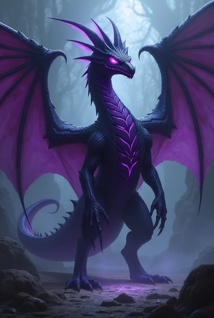Nerezar is a colossal dragon with night-black scales and a deep purple glow that seems to emanate from his body.. Your eyes are an intense purple, that emit an enigmatic and mesmerizing glow. Its wings are huge and membranous, with a pattern of purple veins that stand out against the darkness. The tail is long and ends in a sharp point., while their claws and teeth are incredibly sharp and appear to have a purple hue.