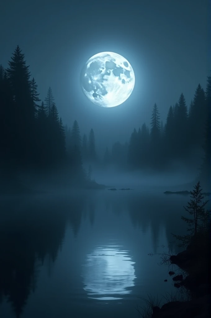 A dark night with a full moon and a lake reflecting the moon