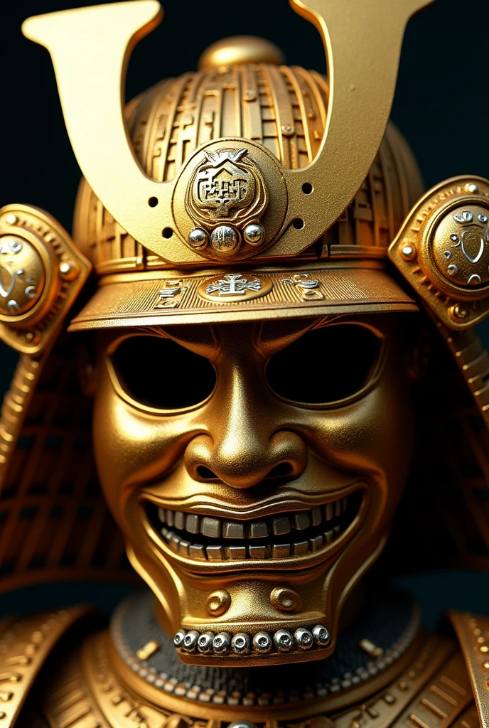 A golden Japanese samurai mask with components simulating electronic applications,Used on golden masksICElectronic chip components andCPUdecorate,The Japanese family crest is printed on it,Overall presentation of golden Japanese samurai mask50Degree Angle