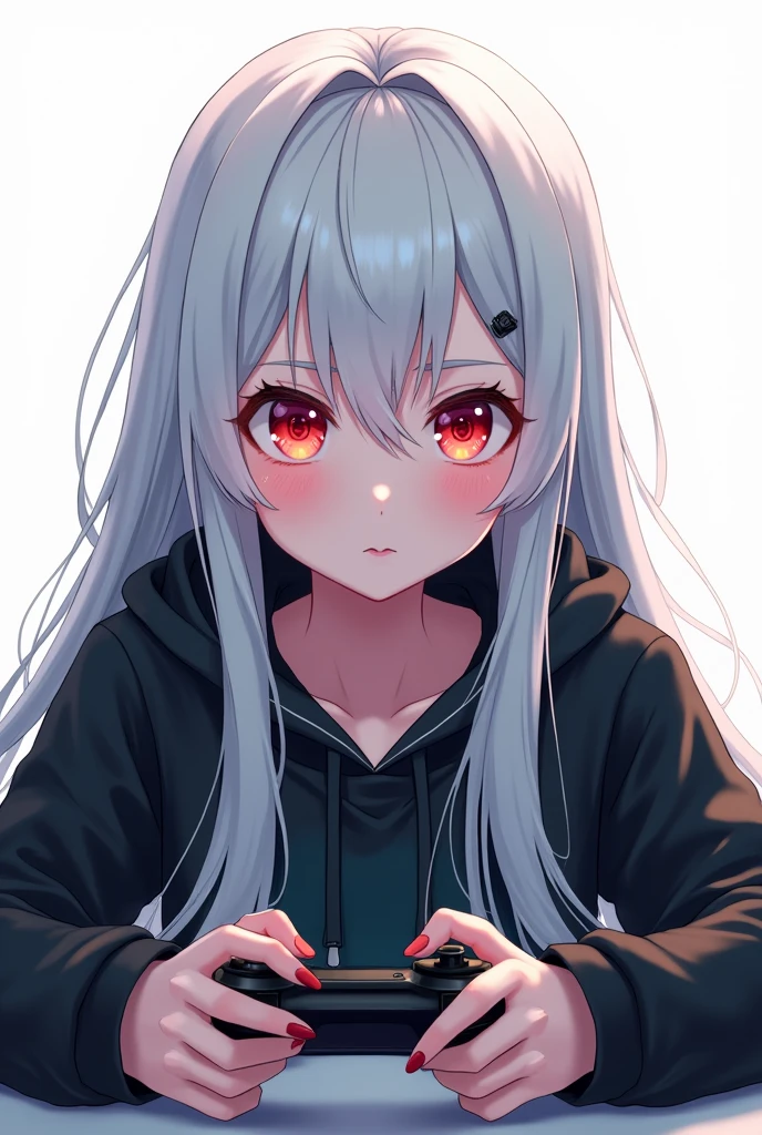 Anime girl with long white hair and red eyes wearing a black hoodie holding a video game controller in her hands sitting playing video games and the background of the image being white 