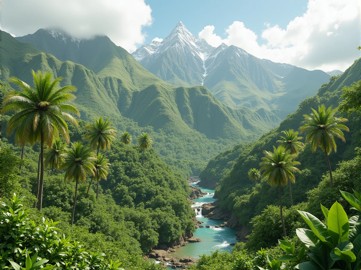 panoramic image, of a lush Hawaiian jungle-forest landscape, between green hills with snowy mountains in the background.