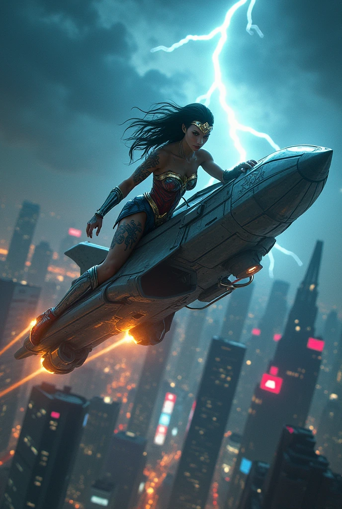 Tattooed Wonder Woman driving futuristic ship in a cyber punk city on a lightning night