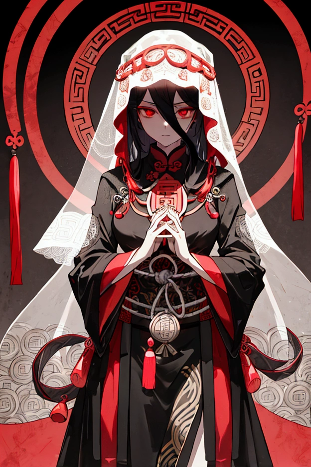 A close-up image of a mysterious figure wearing a traditional veil made of ancient Chinese coins, intricately tied together with red strings. The figure's intense, piercing eyes are visible above the veil, conveying a sense of deep emotion or hidden power. The veil is detailed with metallic textures, with each coin bearing a square hole in the center, characteristic of traditional Chinese currency. The lighting is low and moody, casting subtle shadows on the figure's face, emphasizing the sharpness of their gaze and the intricate design of the veil. The overall atmosphere is dark, enigmatic, and somewhat foreboding, suggesting a character steeped in mystery and ancient lore.