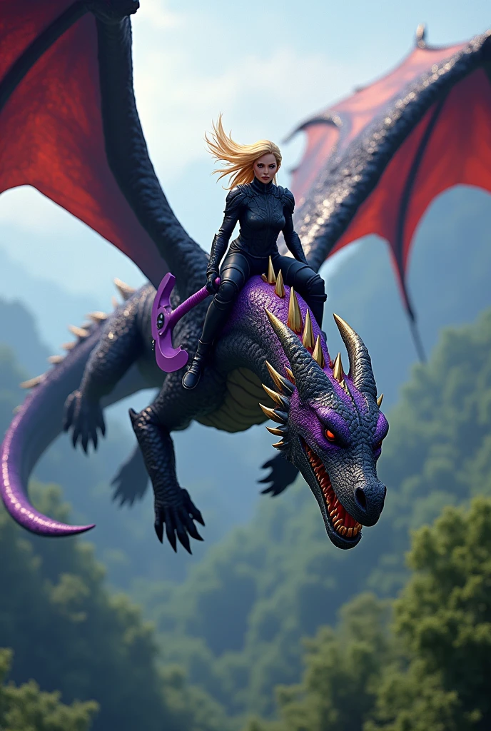 Create the image of a black dragon with purple and gold flying over the forest and a blonde girl dressed in a black combat suit and a purple axe in her hand on it.