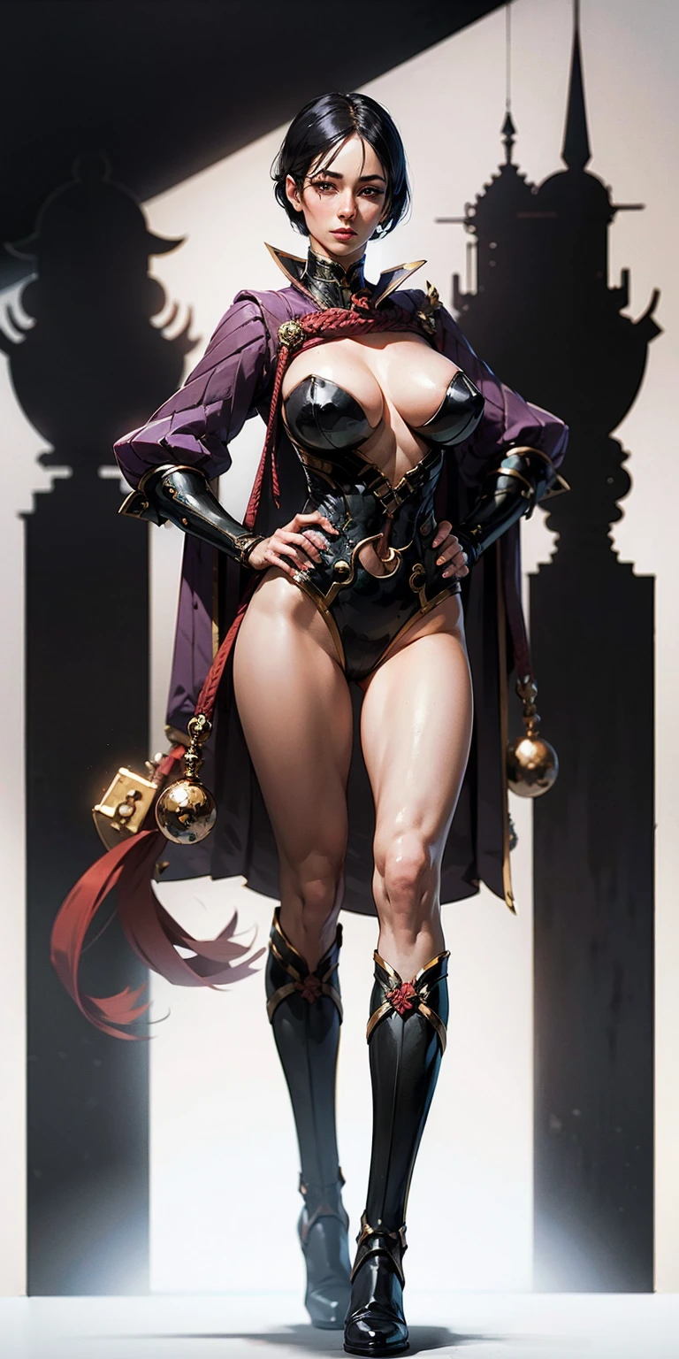 (White background:1.2) best quality, masterpiece, solo, solo focus, 1lady, semi-realistic, dynamic heroic pose standing straight, white short bob hair, red eyes, beautiful detailed eyes, beautiful detailed face, perfect hands, sexy us military officer, dressed in a yellow and black leotard, highly detailed, professional, bare legs, matching boots, ankle-high boots, full body shot, hands on hip.