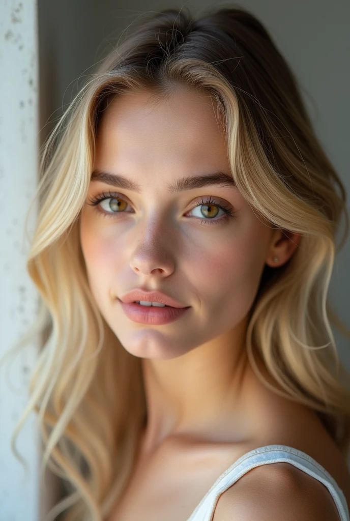 Real photos of beautiful n4t4l13p-v2 women,   1 girl, alone, looking at the audience, blond, Brown eyes, Lips, portrait, close up, headrest, actual, soft light, Professional photography, Photoactual, detailed, Raw, mock, sharp focus, 8k, HD, high quality, masterpiece