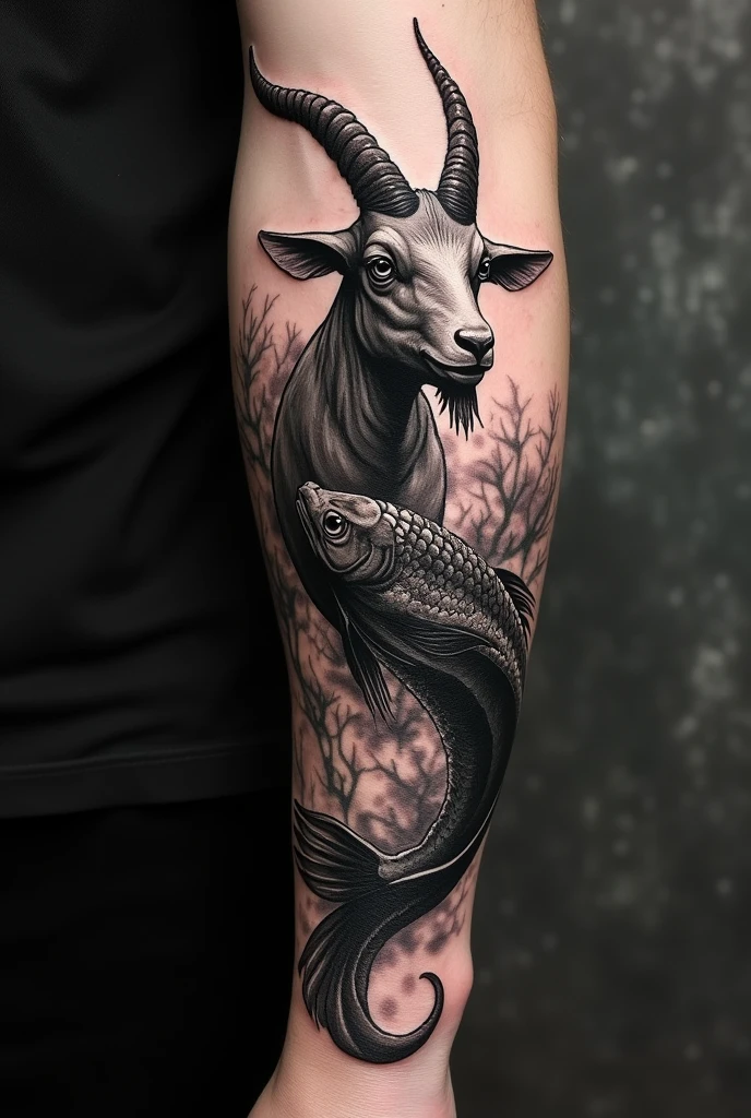 Black work style tattoo of a goat with fish tail
