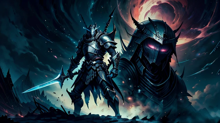 -High quality- -masterpiece- A knight in iron armor, wielding his sword, seeing a giant, black humanoid monster with no nose or mouth. on a mountain at night