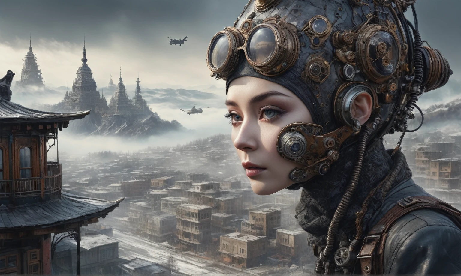 insane pilot from USSR ,pinhead, camouflage Rusty, Ambient in a meteorite ,graphite witch after a psychiatric clinic,winter,intricate landscape,slate grey atmosphere,film grain,faded,eyes extremely detailed,another world,ring of truth,view from height,once pretty face,eyebrow up,full body shot,ominous landscape, Simon Stalenhag,Nicola Samori,full body shot,beggar paladium The Alien Entity,Technicolor,natural skin textures, hyper realism, hyper detailed,Extremely detailed,High contrast,Masterpiece,Realistic,Ultra Detailed, intricate details,realistic humid leather,extremly intricate,Epic Realistic, cinematic style,irina yermolova,high contrast,hdr,extremely detailed, deep night landscape,masterpiece,intricate details,faded,eyes extremely detailed, high detailed eyes,8k resolution,RAW,retina, Nikon Z9,China,Guangxi Zhuang of China,tkt style,ears perfect, transition between two art styles, Ink painting to photorealism, Double contact, X-ray, Creative, vivid light, masterpiece, fantasy, Abstract Surrealism, super detailed, high resolution, stop:35;Her skin is pale, almost translucent,ancient rock,a hot air soars through the layers of clouds, revealing a colossal and enigmatic cityscape nestled within. The buildings in this ethereal city are adorned with intricate details and exude an aura of mystery. Above the cityscape, lend an enchanting touch to the scene. steampunk. The intricate mechanics create a sense of wonder and fascination, as if stepping into a dreamlike realism
