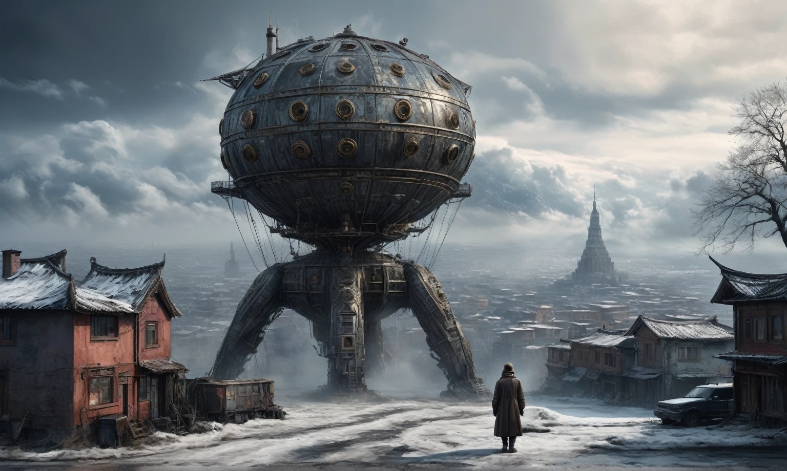insane pilot from USSR ,pinhead, camouflage Rusty, Ambient in a meteorite ,graphite witch after a psychiatric clinic,winter,intricate landscape,slate grey atmosphere,film grain,faded,eyes extremely detailed,another world,ring of truth,view from height,once pretty face,eyebrow up,full body shot,ominous landscape, Simon Stalenhag,Nicola Samori,full body shot,beggar paladium The Alien Entity,Technicolor,natural skin textures, hyper realism, hyper detailed,Extremely detailed,High contrast,Masterpiece,Realistic,Ultra Detailed, intricate details,realistic humid leather,extremly intricate,Epic Realistic, cinematic style,irina yermolova,high contrast,hdr,extremely detailed, deep night landscape,masterpiece,intricate details,faded,eyes extremely detailed, high detailed eyes,8k resolution,RAW,retina, Nikon Z9,China,Guangxi Zhuang of China,tkt style,ears perfect, transition between two art styles, Ink painting to photorealism, Double contact, X-ray, Creative, vivid light, masterpiece, fantasy, Abstract Surrealism, super detailed, high resolution, stop:35;Her skin is pale, almost translucent,ancient rock,a hot air soars through the layers of clouds, revealing a colossal and enigmatic cityscape nestled within. The buildings in this ethereal city are adorned with intricate details and exude an aura of mystery. Above the cityscape, lend an enchanting touch to the scene. steampunk. The intricate mechanics create a sense of wonder and fascination, as if stepping into a dreamlike realism