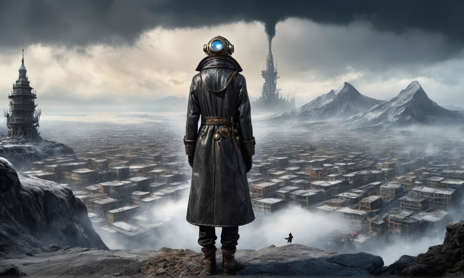 insane pilot from USSR ,pinhead, camouflage Rusty, Ambient in a meteorite ,graphite witch after a psychiatric clinic,winter,intricate landscape,slate grey atmosphere,film grain,faded,eyes extremely detailed,another world,ring of truth,view from height,once pretty face,eyebrow up,full body shot,ominous landscape, Simon Stalenhag,Nicola Samori,full body shot,beggar paladium The Alien Entity,Technicolor,natural skin textures, hyper realism, hyper detailed,Extremely detailed,High contrast,Masterpiece,Realistic,Ultra Detailed, intricate details,realistic humid leather,extremly intricate,Epic Realistic, cinematic style,irina yermolova,high contrast,hdr,extremely detailed, deep night landscape,masterpiece,intricate details,faded,eyes extremely detailed, high detailed eyes,8k resolution,RAW,retina, Nikon Z9,China,Guangxi Zhuang of China,tkt style,ears perfect, transition between two art styles, Ink painting to photorealism, Double contact, X-ray, Creative, vivid light, masterpiece, fantasy, Abstract Surrealism, super detailed, high resolution, stop:35;Her skin is pale, almost translucent,ancient rock,a hot air soars through the layers of clouds, revealing a colossal and enigmatic cityscape nestled within. The buildings in this ethereal city are adorned with intricate details and exude an aura of mystery. Above the cityscape, lend an enchanting touch to the scene. steampunk. The intricate mechanics create a sense of wonder and fascination, as if stepping into a dreamlike realism