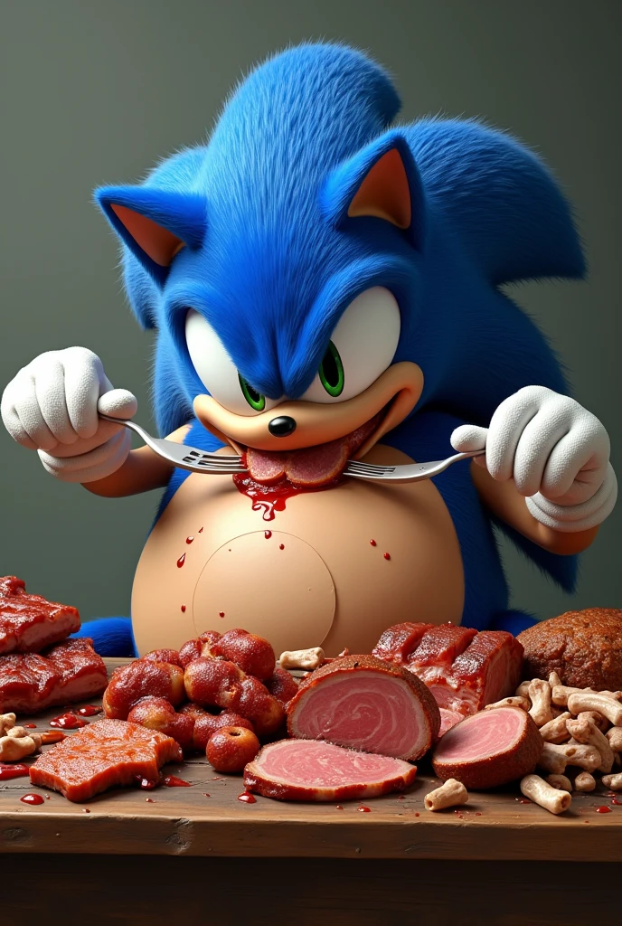 Very fat Sonic eating meat in a table full of meat, Sonic, gigant belly.