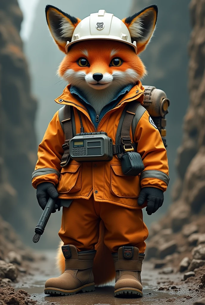 Culpeo fox dressed as a miner with a white helmet, orange jacket and safety shoes and a portable radio and a drilling crown