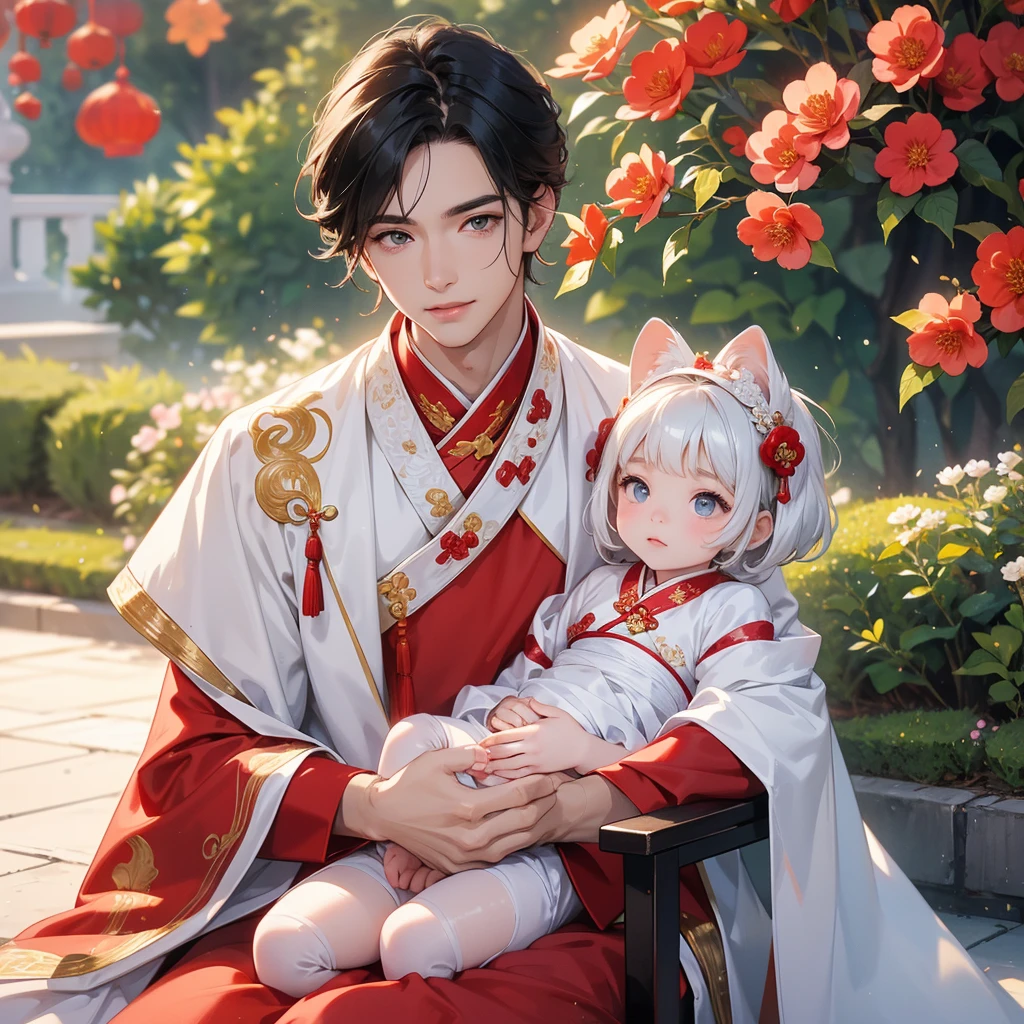 a handsome young man with good face and gentle face, wearing a white ancient Chinese costume, sitting on chair, hugging his adorable Chibi baby girl 1 year old, who is 1 year old, with black hair in a red Chinese new year costume, int he morning, there is sunlight shining in the front yard garden , smiling.
