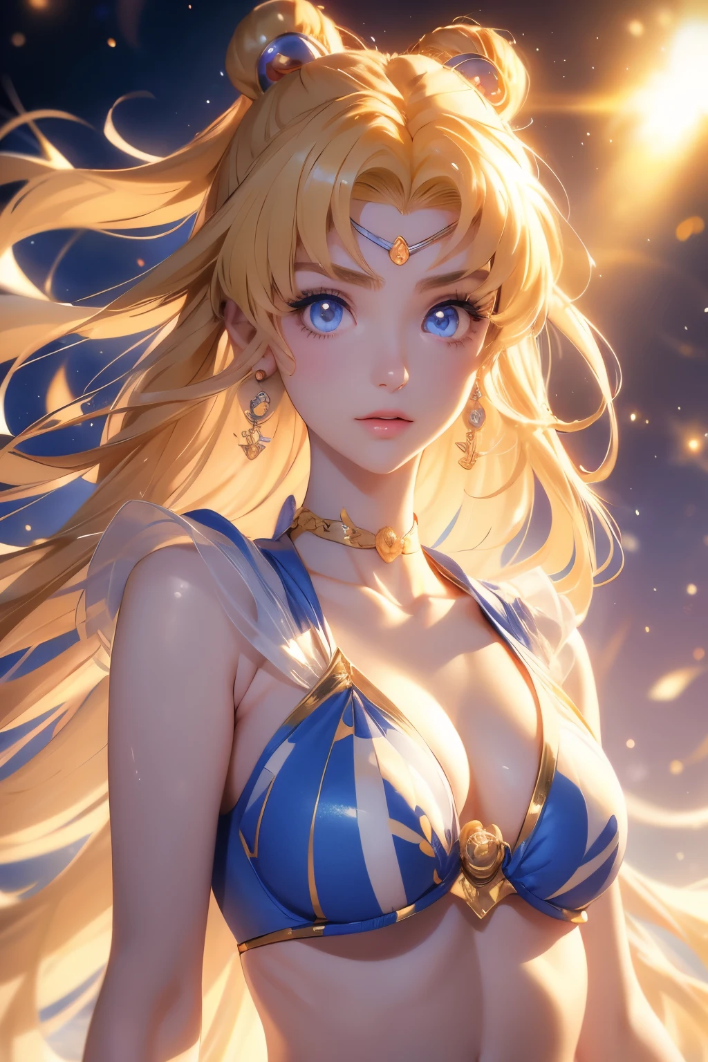 Sailor Moon, 1 female, blonde hair, long hair, blue eyes, (detailed eyes), (beautiful detailed face: 1.0), (realistic), single focus, single background, female focus, (masterpiece: 1.0), (best quality: 1.0), (8k wallpaper: 1.0), perfect nose, multi-color bikini, (small triangle bikini), perfect body, very big breasts, prominent collarbone, beautiful hip,