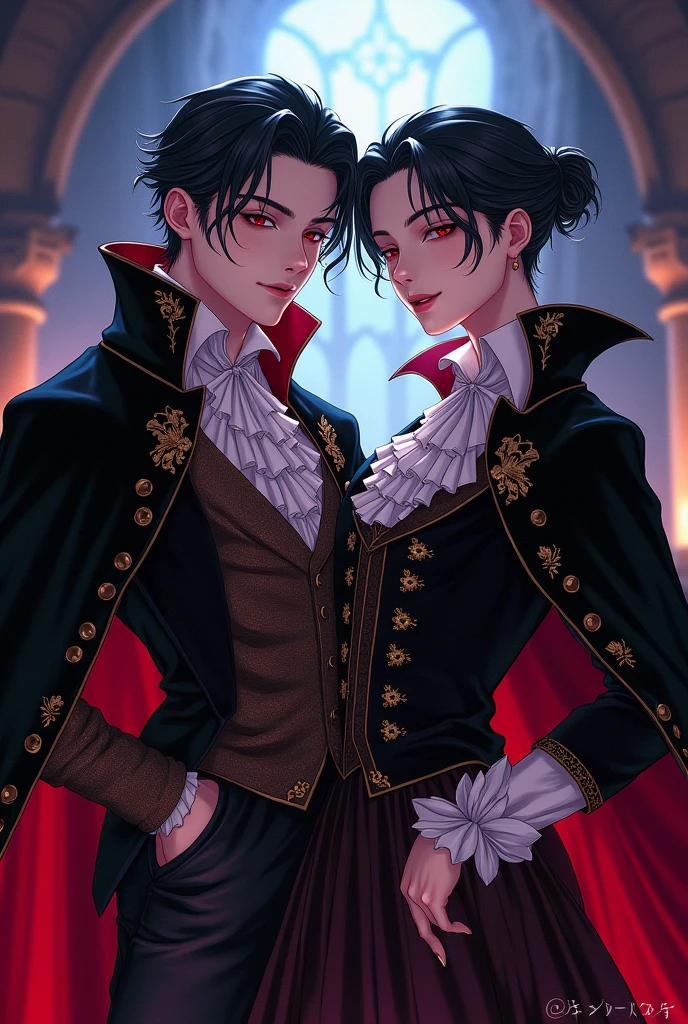 Couple of handsome vampires with clothing from the 15th and 16th centuries, same anime drawing that you already gave me in more poses
