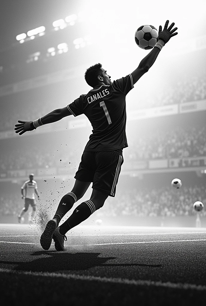 Image with a black and white background and a goalkeeper with his back turned saving a ball with a shirt with Canales&#39; name number 1 