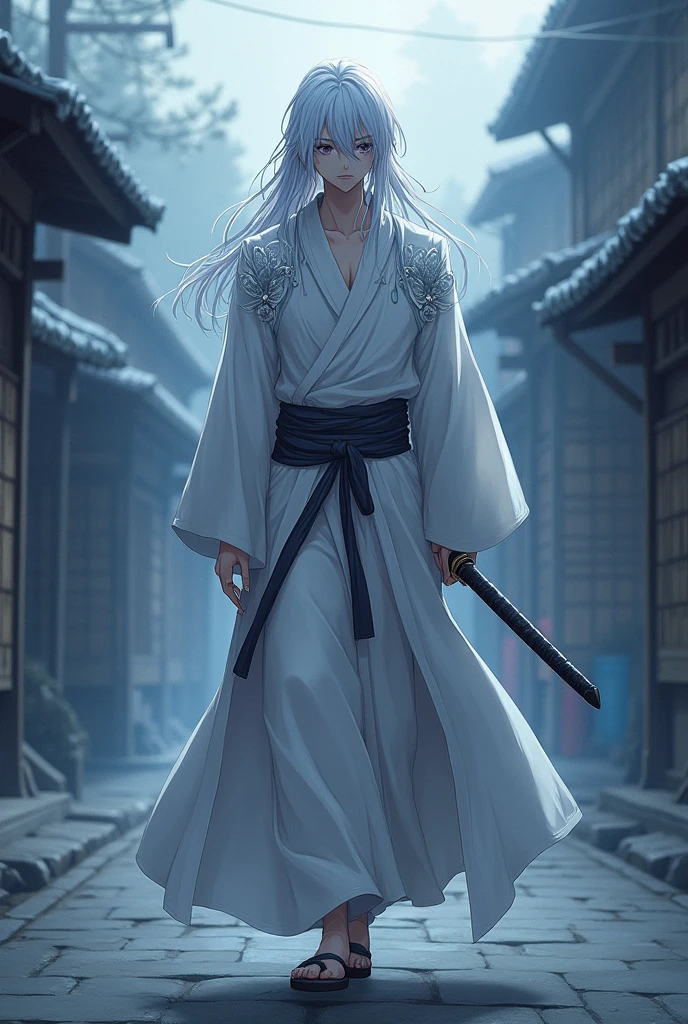 tall and slender, with long silver hair and intense violet eyes. His skin is pale and marked by old scars.., that tell stories of past battles. Wears a white haori with silver details, that resembles a dense fog when it moves.
Personalidade: Introspective and calm, Kazuki prefers solitude and meditation. Has a strong sense of justice and honor, but his solitary nature makes him distant and difficult to approach. Despite his serene appearance, hides a deep sadness and a past marked by losses. Anime style With a sword walking down the street he finds a hut, who have demons/burden