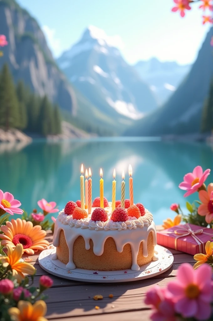 birthday cake and presents, flowers, lake and mountains on the background 