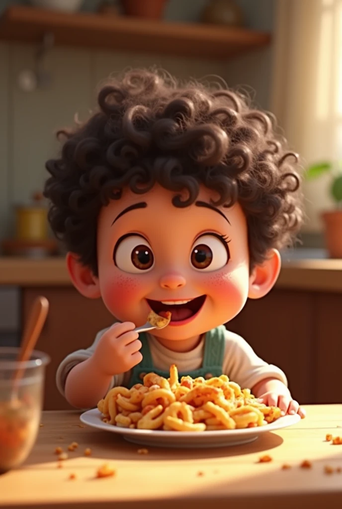 Create an animated image showing a three-year-old boy with dark brown curly hair while he is eating. 
