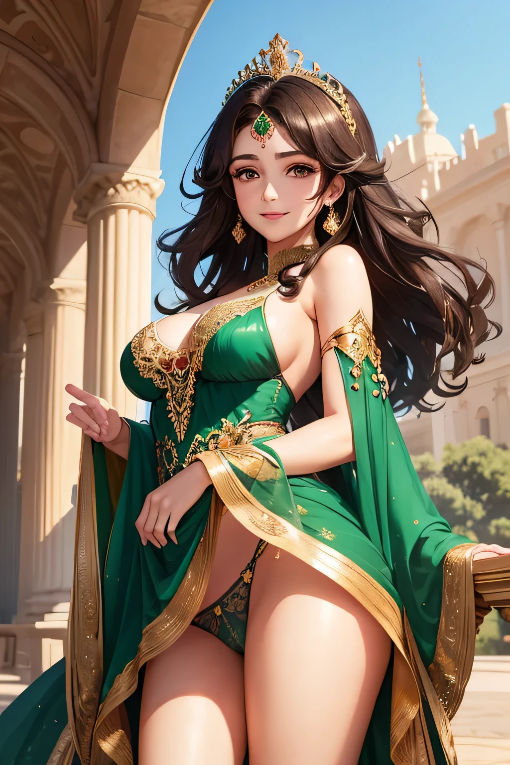 A gorgeous Middle Eastern princess with medium-length dark brown curly hair, wearing a richly decorated emerald green and gold gown, stands on a regal palace balcony. She smiles graciously and waves to the joyful crowd below. The sunlight highlights her warm skin tone and the shimmering details of her gown. Behind her, the palace's luxurious architecture and blooming gardens are visible.Upper body only,(((Panty shot)))