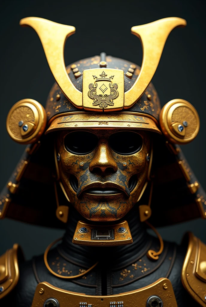 A golden Japanese samurai mask with components simulating electronic applications，Used on golden masksＩＣElectronic chip components andＣＰＵdecorate，The Japanese family crest is printed on it，Overall presentation of golden Japanese samurai mask５０Degree Angle