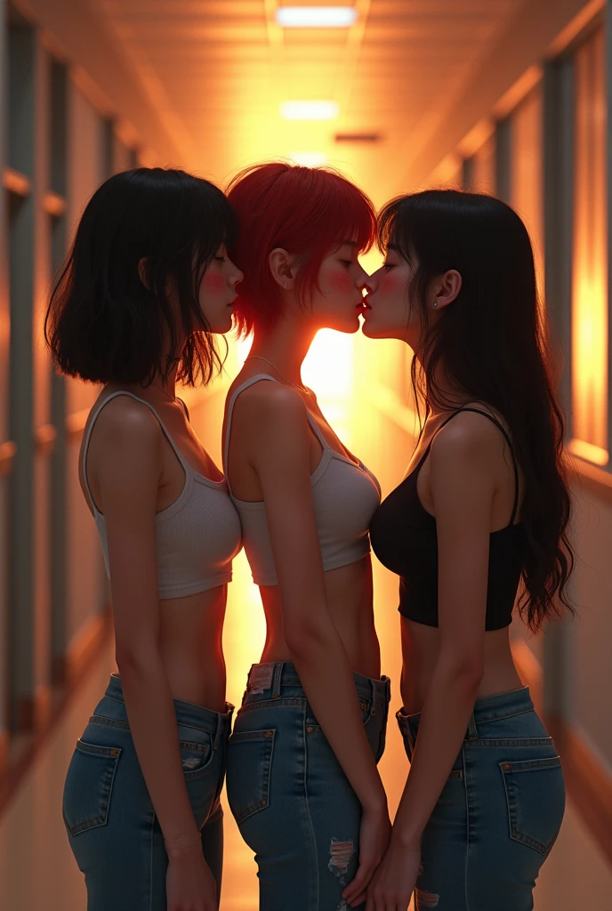 (photorealism 1.2) a shy American white high school girl with freckles and a  figure and short red hair being crowded and kissed on the lips and cheek by two Asian girls wearing torn crop tops and ripped jeans and wearing lipstick while they both kiss the American girl in an empty school corridor as the sun sets 