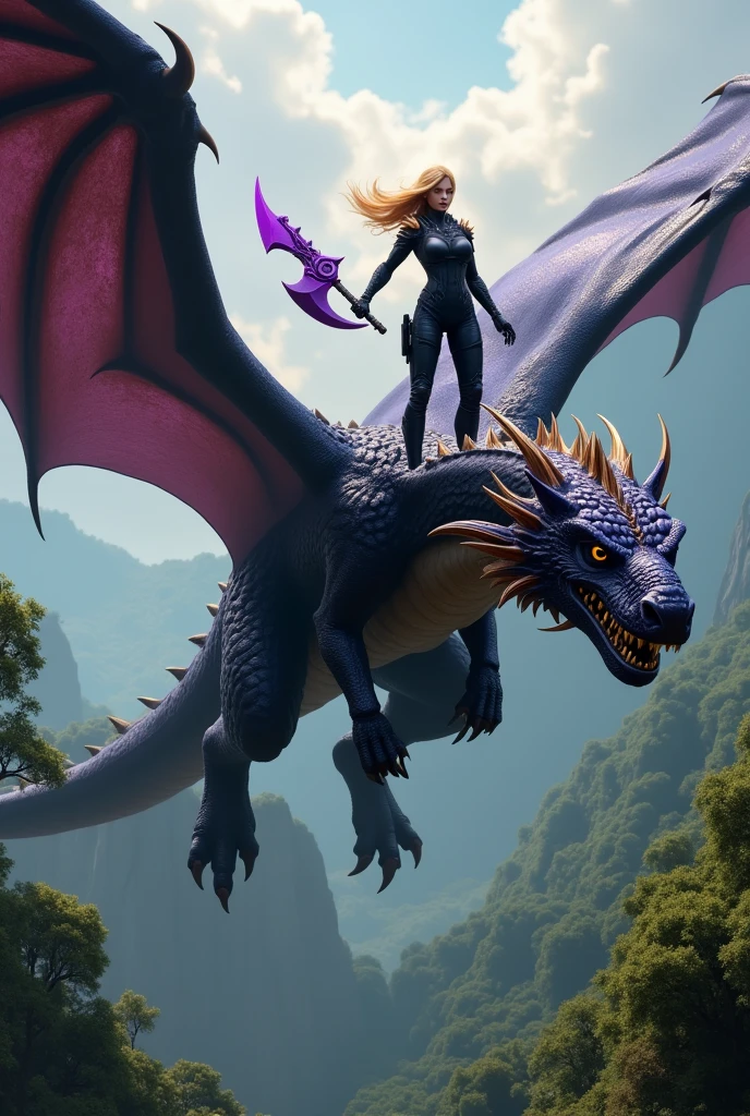 Create the image of a huge black dragon with purple and gold flying over the forest and a blonde girl dressed in a black combat suit and a purple axe in her hand on it.