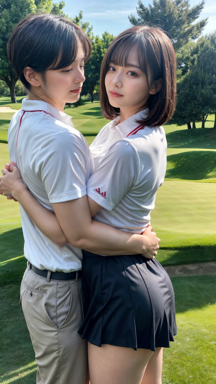 1 young office lady being hugged from back by 1 man:1.2,close to each other:1.1), (man's hand touching her breast:1.1),very cute face,bob cut,white skin-tight golf uniform,embarrassed,golf course,perfect anatomy, masterpiece, best quality,8k,perfect face,from front,upper body