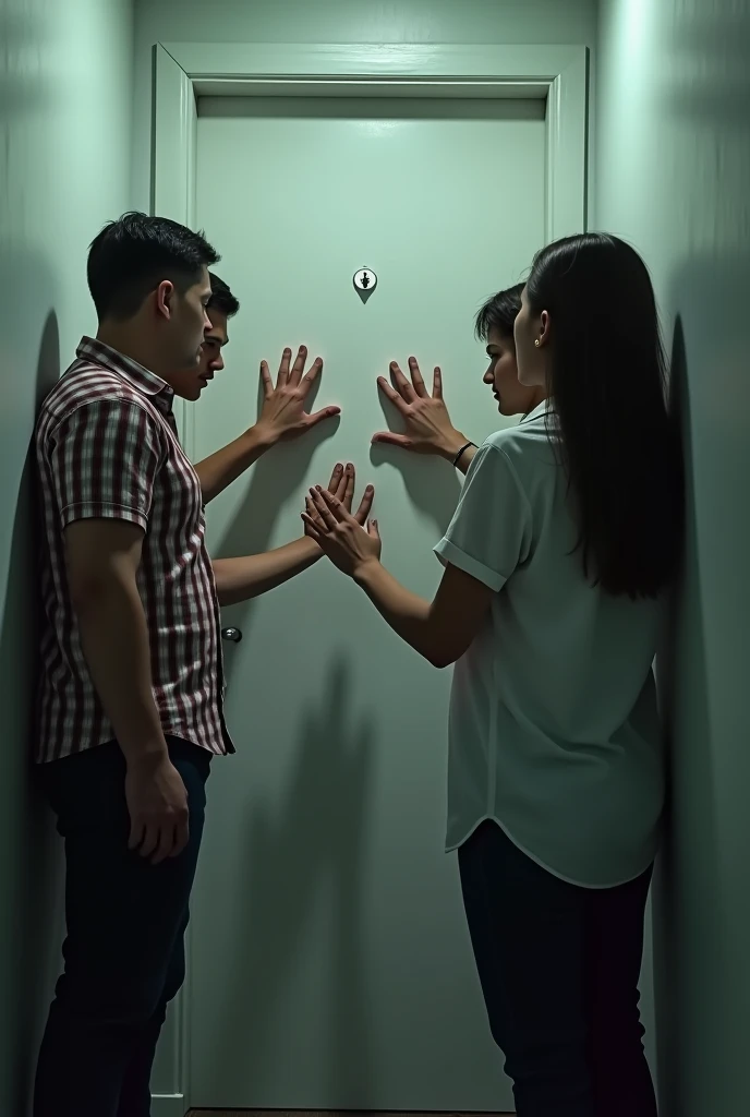 Casually dressed men and women knocking in distress at a closed narrow white door with no deformities in their hands