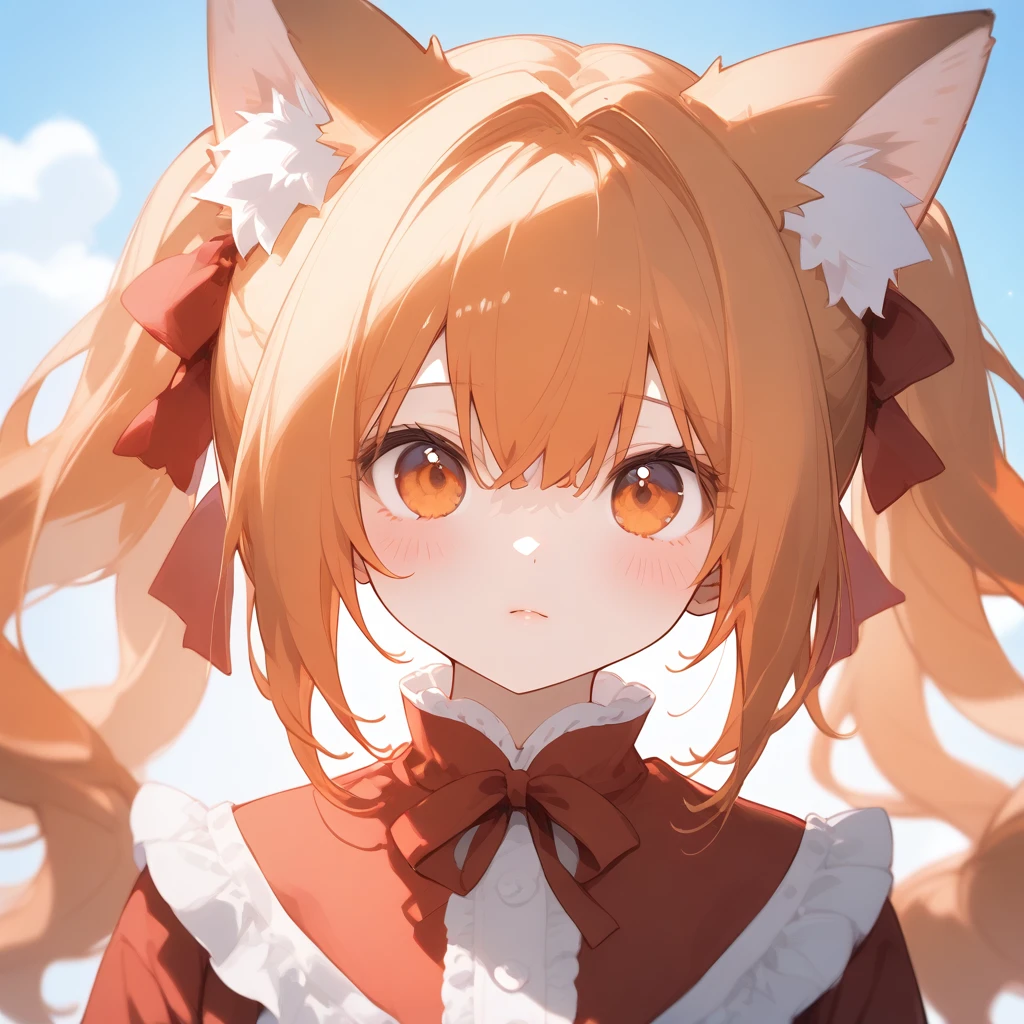 score_9, score_8_superior, One person, Animal ears, alone, (((Dashiki:1.7))),Twin tails, Animal earsの毛, View your viewers, Outdoor, superiorper body, Fox Ears, Orange Hair, Blurred background, Blurred, Lips parted, blush, Orange eyes,, Depth of written boundary, Fox Girl, clavicle, Day, red shirt, Frills、superior気している、Shy face、superior目遣い