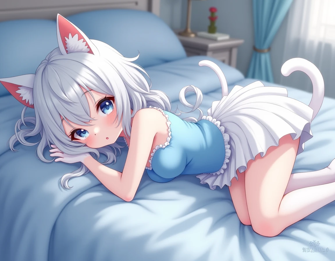 nsfw lying down,Sex,panties,penis,Blowjob,Long Tongue,Light blue hair,Light pink hairstyles，Cat ear，Pink Eyes，light blue lolita，White socks，,Pink ribbon,Laughing with your mouth open,Best image quality,Highest quality