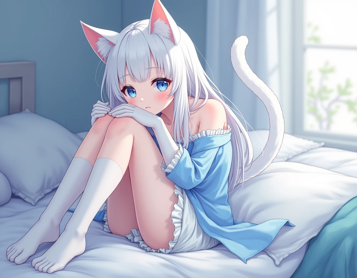 cat girl, white cat ears, white hair, white skin, blue eyes, very small, medium breasts, sky blue clothes, white skirt, white gloves, , A girl alone, white legs, white arms, white face, , school shoes,
lying down, legs closed, lying down, arms holding her face, in her bed, in her house, in her room, LYING DOWN