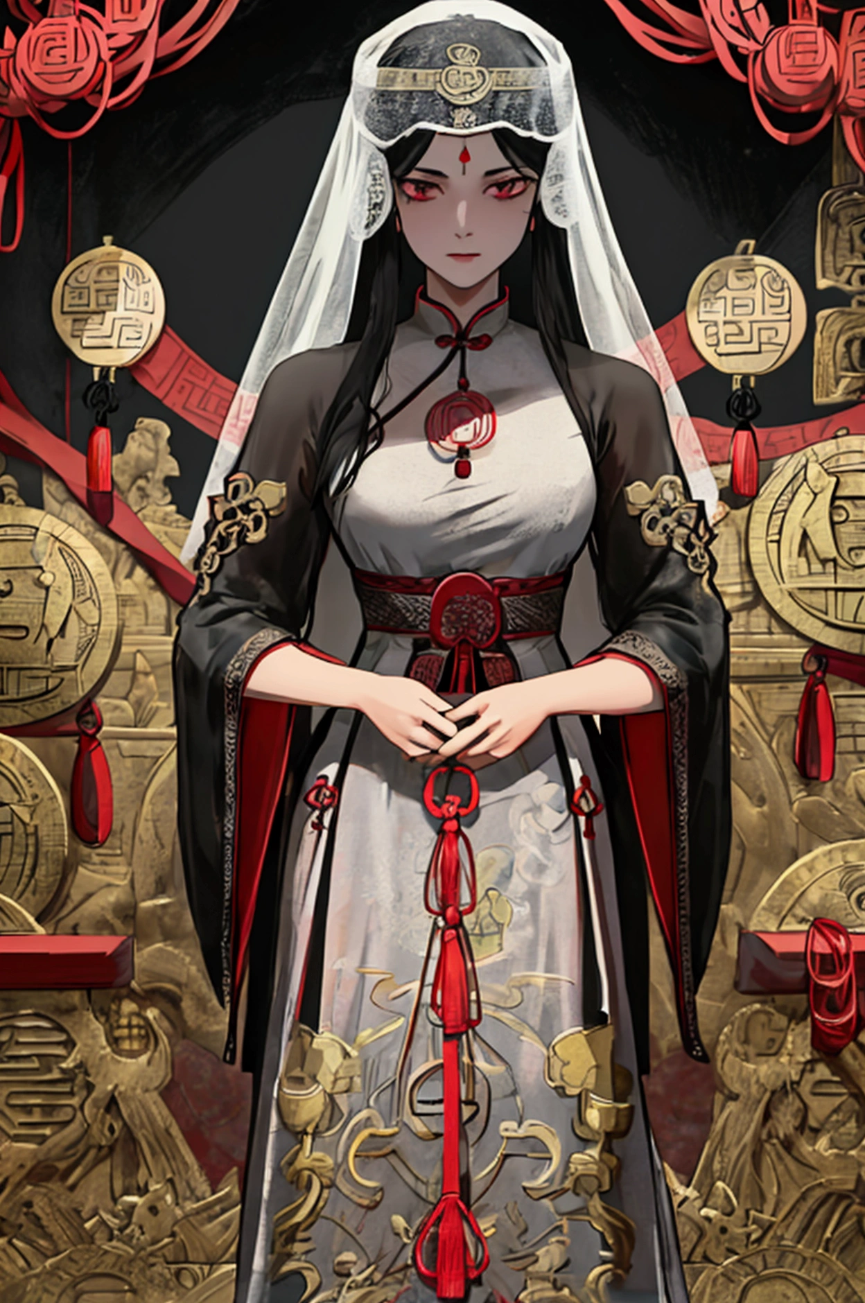 A close-up image of a mysterious figure wearing a traditional veil made of ancient Chinese coins, intricately tied together with red strings. The figure's intense, piercing eyes are visible above the veil, conveying a sense of deep emotion or hidden power. The veil is detailed with metallic textures, with each coin bearing a square hole in the center, characteristic of traditional Chinese currency. The lighting is low and moody, casting subtle shadows on the figure's face, emphasizing the sharpness of their gaze and the intricate design of the veil. The overall atmosphere is dark, enigmatic, and somewhat foreboding, suggesting a character steeped in mystery and ancient lore.
Waiting to start