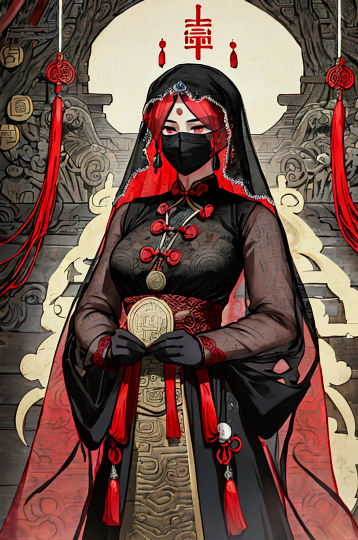 A close-up image of a mysterious figure wearing a traditional veil made of ancient Chinese coins, intricately tied together with red strings. The figure's intense, piercing eyes are visible above the veil, conveying a sense of deep emotion or hidden power. The veil is detailed with metallic textures, with each coin bearing a square hole in the center, characteristic of traditional Chinese currency. The lighting is low and moody, casting subtle shadows on the figure's face, emphasizing the sharpness of their gaze and the intricate design of the veil. The overall atmosphere is dark, enigmatic, and somewhat foreboding, suggesting a character steeped in mystery and ancient lore.
Waiting to start