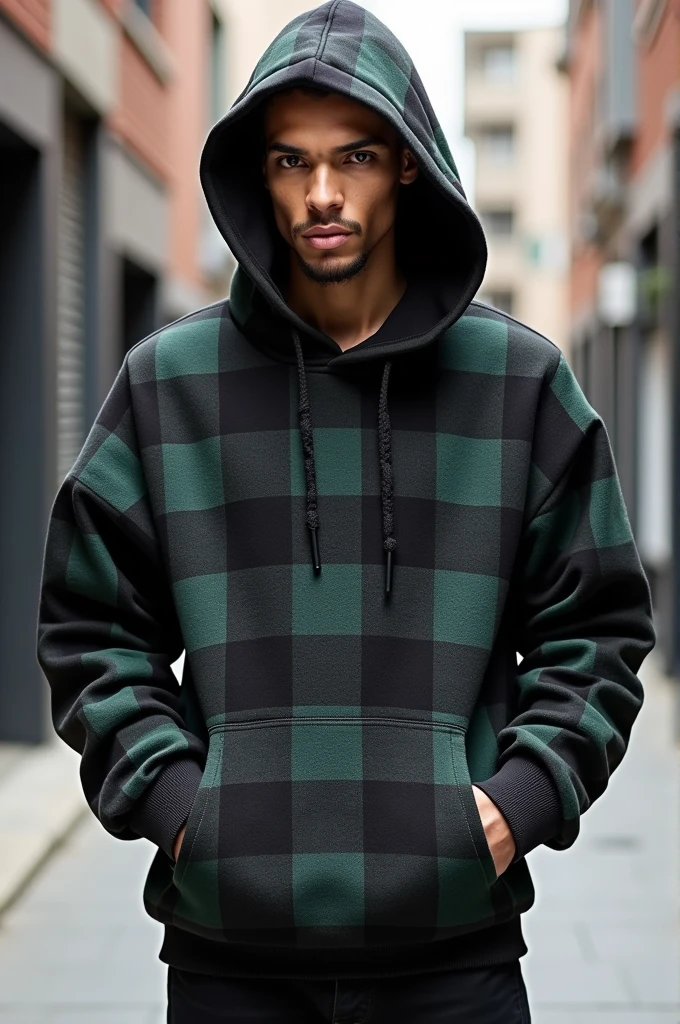 Give me a new clothing design that hasn't been seen yet but has a bit of an urban streetwear and oversized style that is eye-catching but doesn't lose its elegance for men and that is in a flannel material with a hood and is like a hoodie.
