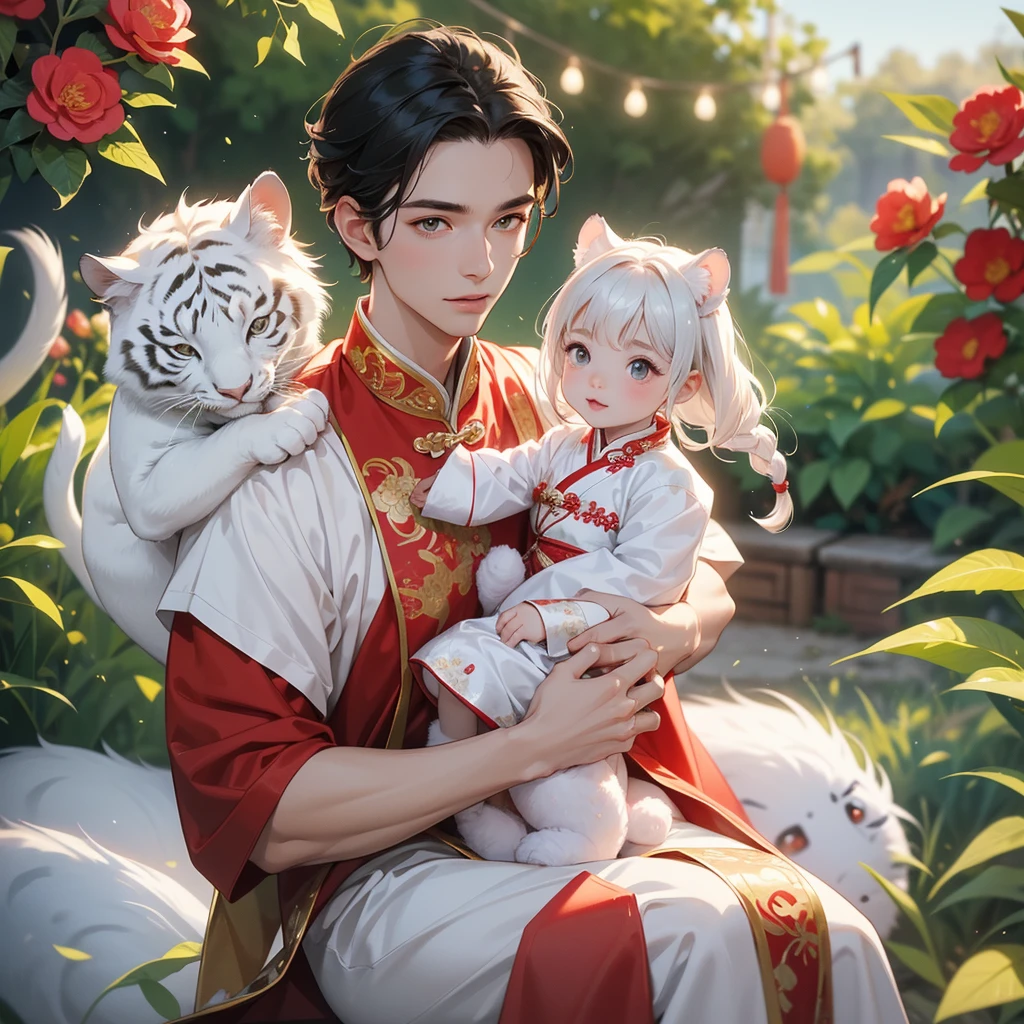 a handsome young man with good face and gentle face, wearing a white ancient Chinese costume, riding a white tiger, hugging his adorable Chibi baby girl 1 year old, who is 1 year old, with black hair in a red Chinese new year costume, int he morning, there is sunlight shining in the front yard garden , smiling.