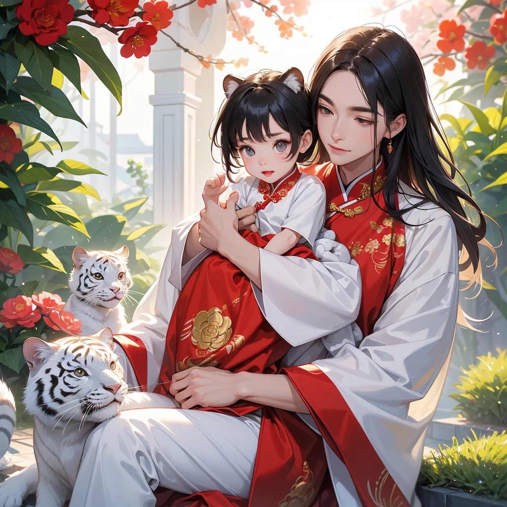 a handsome young man with good face and gentle face, wearing a white ancient Chinese costume, riding a white tiger, hugging his adorable Chibi baby girl 1 year old, who is 1 year old, with black hair in a red Chinese new year costume, int he morning, there is sunlight shining in the front yard garden , smiling.