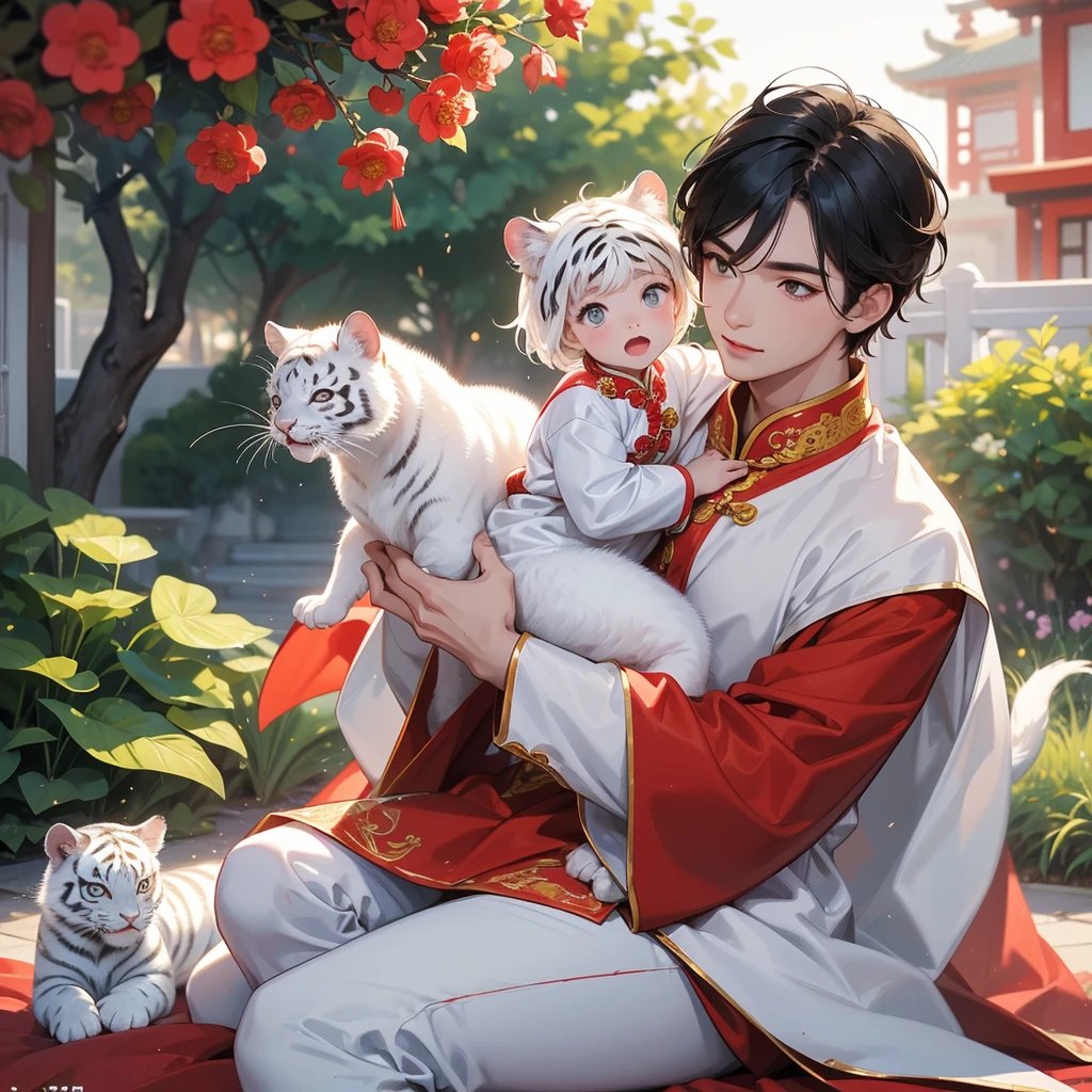 a handsome young man with good face and gentle face, wearing a white ancient Chinese costume, riding a white tiger, hugging his adorable Chibi baby girl 1 year old, who is 1 year old, with black hair in a red Chinese new year costume, int he morning, there is sunlight shining in the front yard garden , smiling.