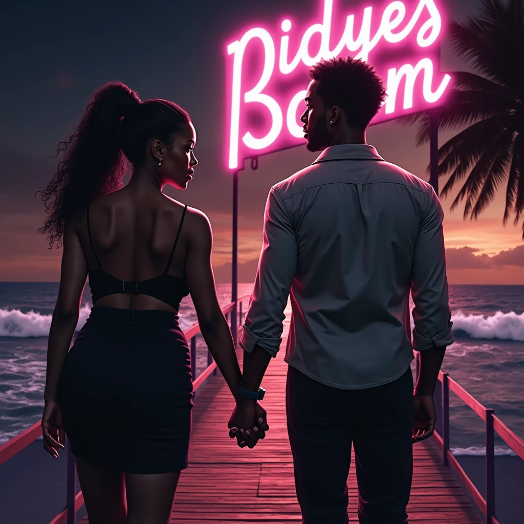 generate an action scene where a couple of lovers (a handsome black man and a Latin woman with dark chocolate skin and a curvy nice body) are on a boardwalk facing the sea, warm colors, be creative and achieve a book cover image
