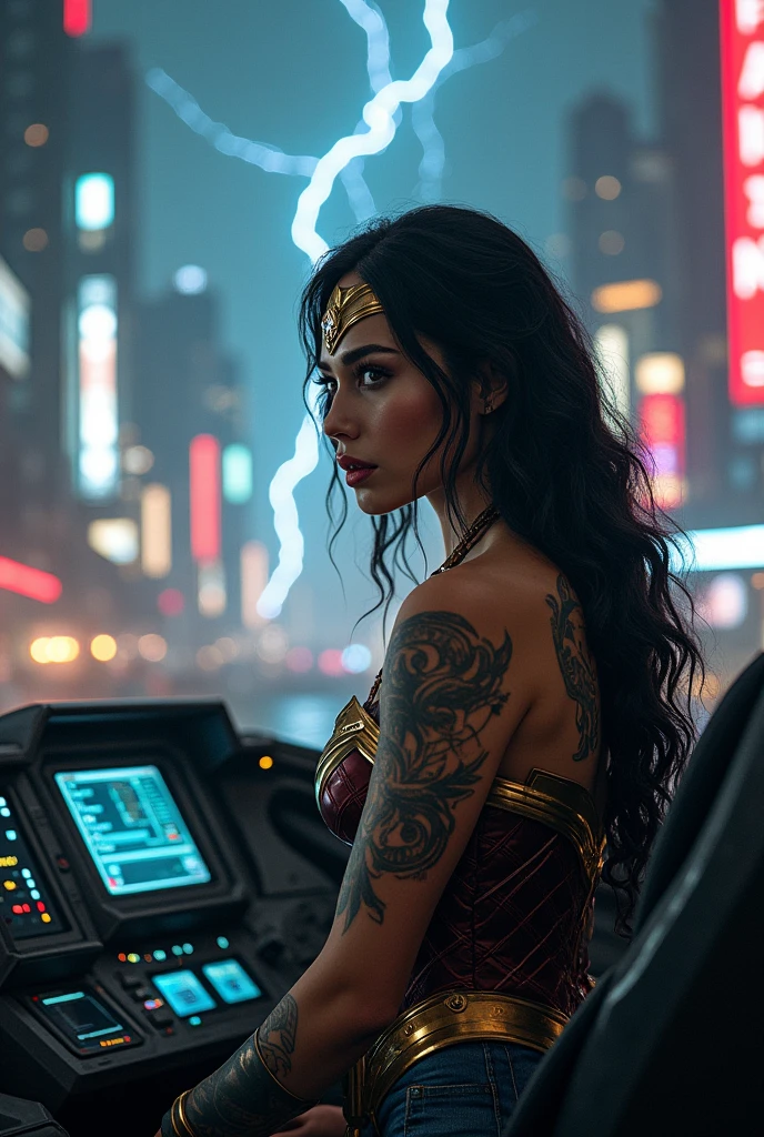 Tattooed Wonder Woman driving futuristic ship in a cyber punk city on a lightning night