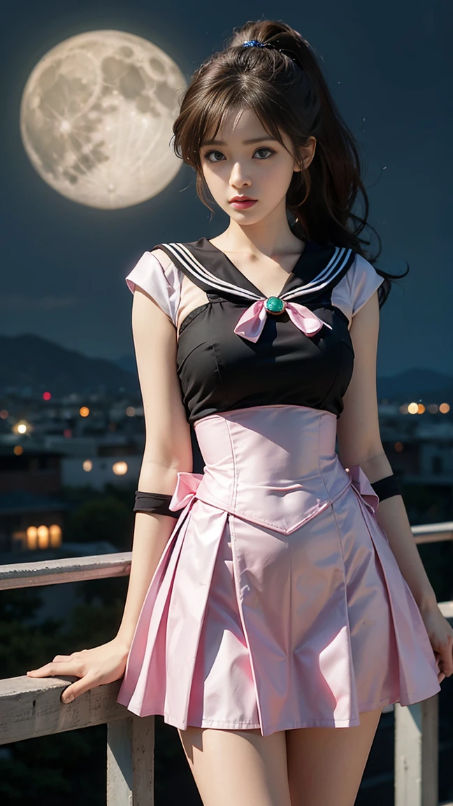 A beautiful young woman,Has long brown hair,Ponytail, Green Eyes, Height 170cm, Sailor Moon Under the Moon, Sailor Jupiter, 가슴 쪽 Pink Ribbon, Pink Ribbon, All ribbons are pink, You can see the scenery from a high place, Height 172cm, You are in great shape., I also like to exercise,