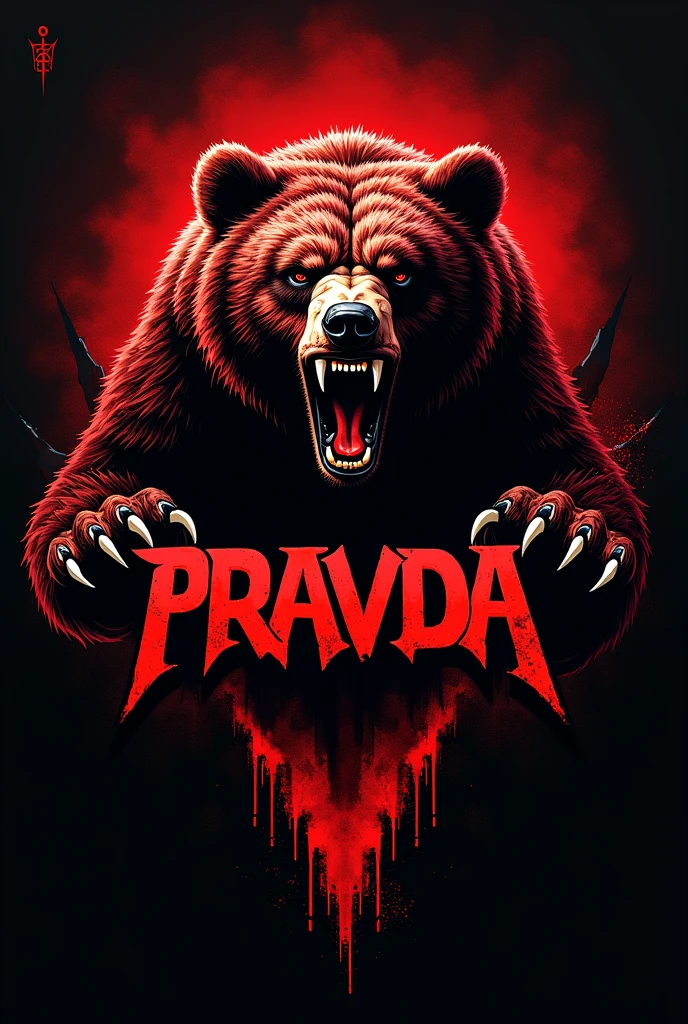 Rock band logo in red and black with a bear, it has to say PRAVDA 
