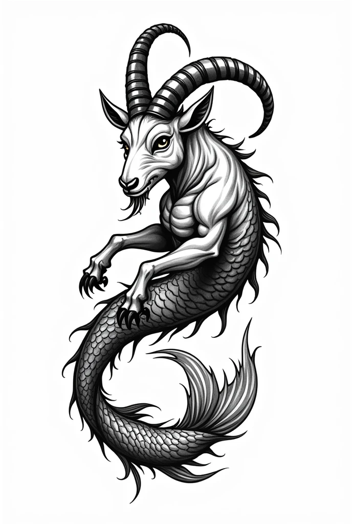 Black and white tattoo png of a goat with fish tail