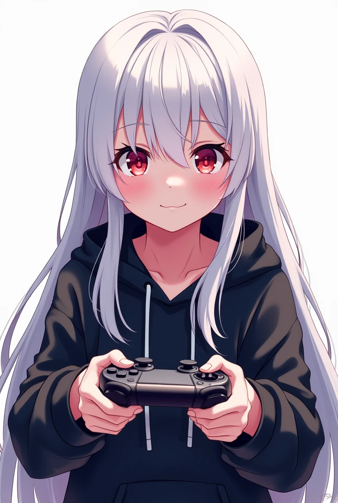 Anime girl with long white hair and red eyes wearing a black hoodie holding a video game controller in her hands sitting playing video games and the background of the image being white 