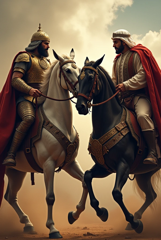 Poster "George & Khaleed" George is dressed like a Byzantine warlord while Khaleed is dressed like an Arab warlord, both of them look at each other on their war horses so that their horses' necks meet each other
